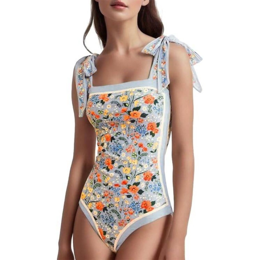 Meyeeka Reversible Floral One Piece Swimsuit Blue Multi Color Tie Shoulder XL